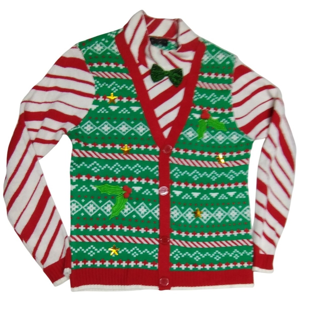 Blizzard Bay Men's L Ugly‎ Christmas Sweater Red Green Bow Tie Fair Isle Festive